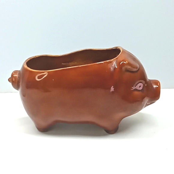Vintage brown & pink, hand painted ceramic pig planter. - Picture 3 of 9